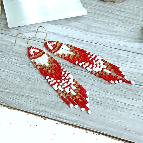 Boho Chic Beaded Fringe Dangle Earrings, Gold Red White, 4" - Picture 5 of 8